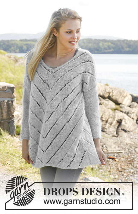 Eva Sweater / DROPS 149-3 - Knitted DROPS jumper with lace pattern and ¾ sleeves in Alpaca and Kid-Silk. Size: S - XXXL.