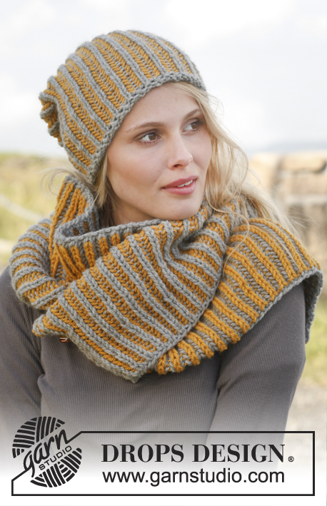 Nina / DROPS 149-43 - Knitted DROPS hat and neck warmer with English rib in two colors in ”Nepal”.