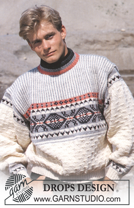 DROPS 15-1 - Sweter na drutach, z żakardem i z karczkiem w paski, z włóczki DROPS Alaska. Wersja damska i męska. Od S do L.