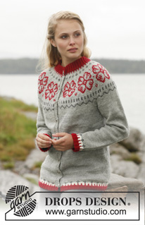 Winter Rose / DROPS 150-1 - Strikket DROPS jakke i ”Karisma” med rundt bærestykke og nordisk mønster. Str S - XXXL.