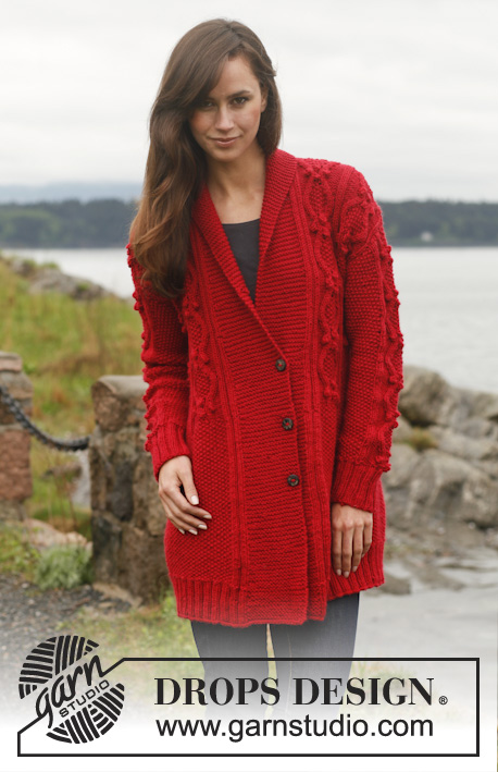 Gladiola / DROPS 150-10 - Knitted DROPS jacket with cables and shawl collar in ”Lima”. Size: S - XXXL.