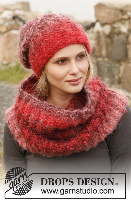 Sweet Maroon / DROPS 150-26 - Knitted DROPS hat and neck warmer with English rib with 2 strands in ”Verdi”.