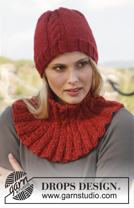 Rouge / DROPS 150-27 - Knitted DROPS hat and neck warmer with cables in 2 strands ”Alpaca”. 