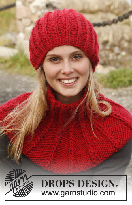 Red Hot Chili Pepper / DROPS 150-34 - Knitted DROPS hat and neck warmer in ”Snow” with false fisherman’s rib variation.