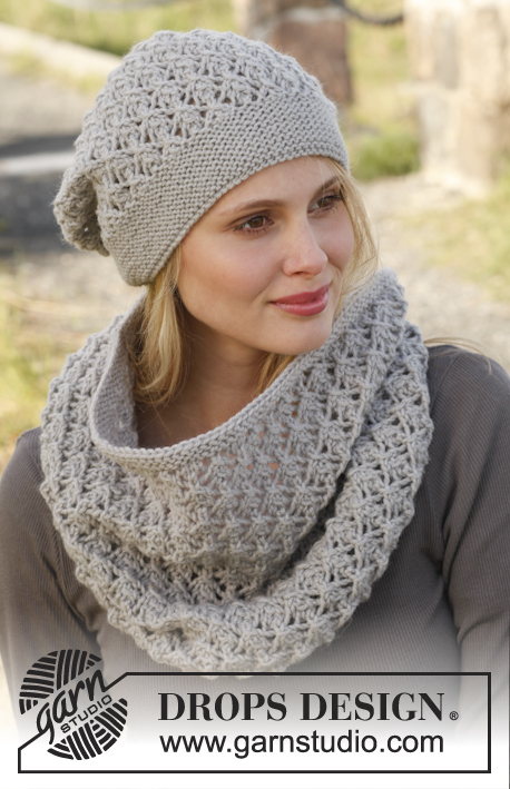 Autumn Mist / DROPS 150-42 - Knitted DROPS neck warmer and hat with lace pattern in ”Lima”.