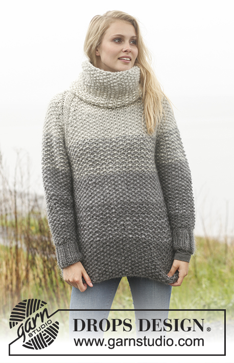Grey Sunset Sweater / DROPS 150-44 - Strikket DROPS bluse i ”Snow” med striber i perlestrik, raglan og løs hals. Str S - XXXL
