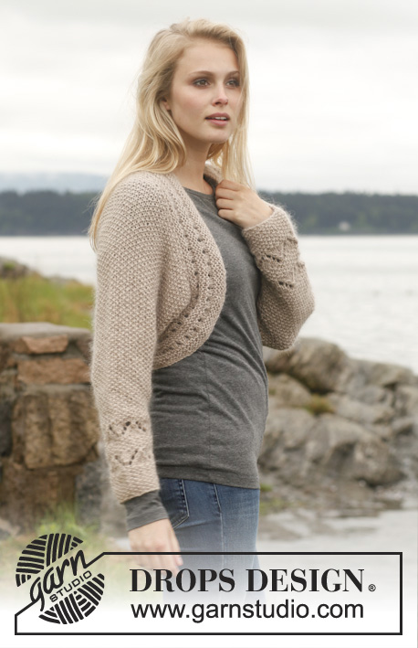 Ellis / DROPS 151-25 - Knitted DROPS bolero with lace pattern and moss st in Alpaca and Kid-Silk. Size: S - XXXL.