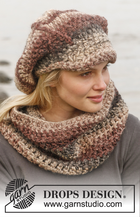 Boheme / DROPS 151-34 - Crochet DROPS neck warmer and cap in ”Snow”. 