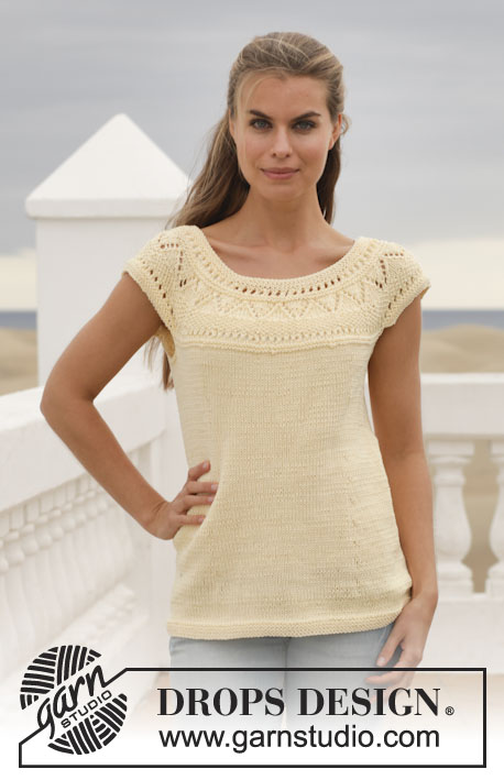 Sunny Side / DROPS 152-9 - Knitted DROPS top with lace pattern and round yoke in ”Muskat” or Belle. Size: S - XXXL.
