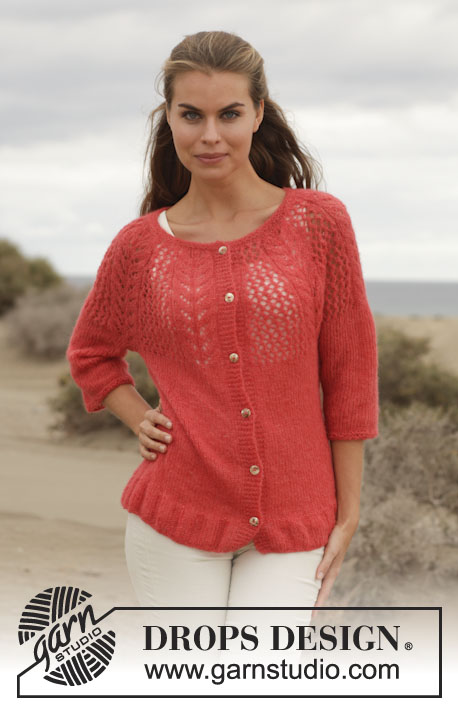 Cheryl Cardigan / DROPS 154-14 - Knitted DROPS jacket with round yoke and lace pattern in ”Brushed Alpaca Silk”. Size: S - XXXL.