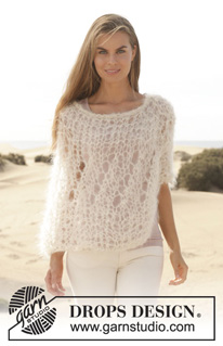 Whisper / DROPS 154-24 - Knitted DROPS poncho in garter st with lace pattern in ”Vienna” or Melody. Size: S - XXXL.