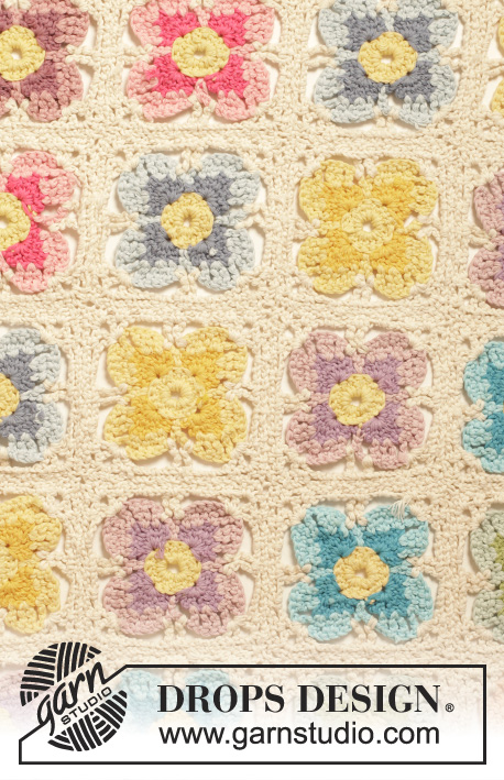 Summer Joy / DROPS 154-39 - Manta DROPS em croché, com quadrados flores, em ”Paris”.