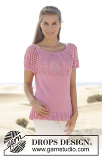 Desert Rose / DROPS 155-3 - Knitted DROPS top with round yoke and lace pattern in ”Paris”. Size: S - XXXL.