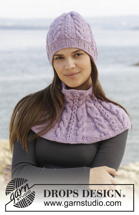 Milena / DROPS 156-14 - Knitted DROPS hat and neck warmer with cables in ”Alaska”.