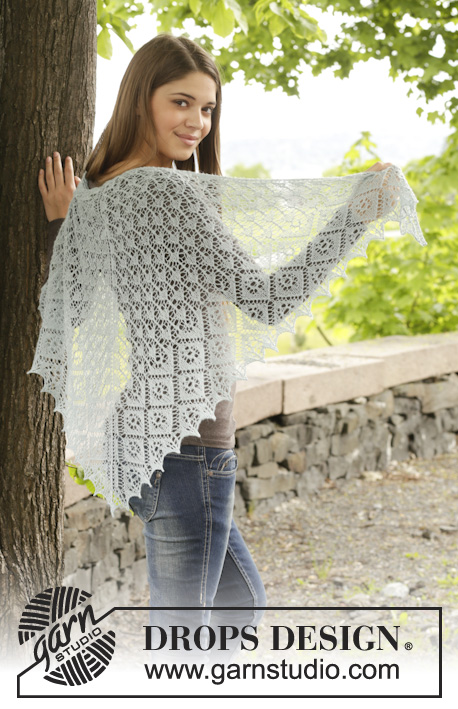 First Frost / DROPS 156-2 - Knitted DROPS shawl with lace pattern. Shown in Lace and BabyAlpaca Silk from yarn group A.
