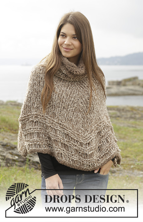 Sands of Time / DROPS 156-29 - Knitted DROPS poncho with dropped sts in garter st and stocking st in 2 strands ”Alpaca Bouclé”. Size: S - XXL.