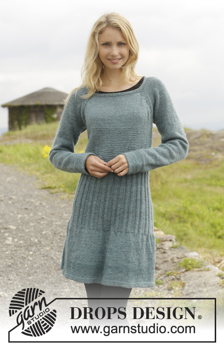 Angel Falls / DROPS 156-3 - Knitted DROPS dress in garter st with rib and raglan, worked top down in ”Karisma”. Size: S - XXXL.