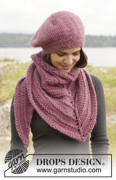 Winter Blush / DROPS 156-49 - Knitted DROPS beret and shawl in garter st and stockinette st in ”Snow” or Andes.