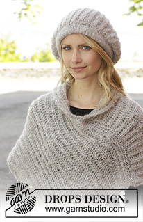 Tender Moments / DROPS 157-14 - Knitted DROPS hat and poncho with English rib in 2 strands ”Brushed Alpaca Silk”. Size: S - XXXL.