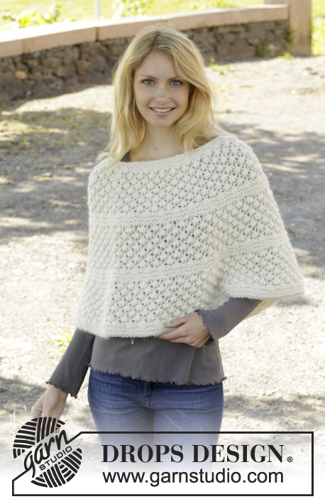 Miss Lillian / DROPS 157-31 - Knitted DROPS poncho in garter st with blackberry pattern, worked top down in 1 thread Cloud or Snow or 2 threads Air. Size: S - XXXL.