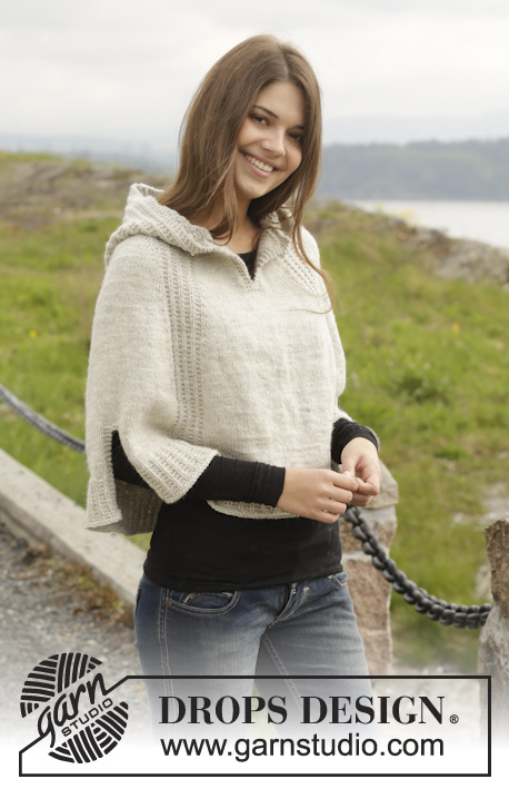 Autumn Stroll / DROPS 157-37 - Knitted DROPS poncho with hood and vent, worked top down in ”Alaska”. Size: S -XXXL