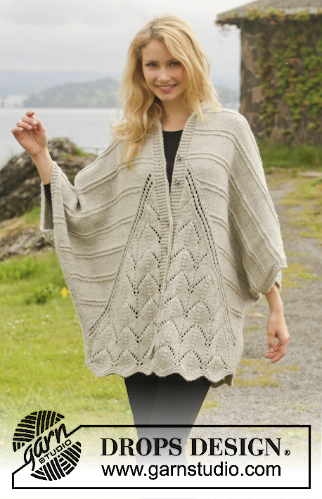 Ripple Tide / DROPS 157-40 - Knitted DROPS jacket in garter st with lace pattern and shawl collar in ”Nepal”. Size: S - XXXL.