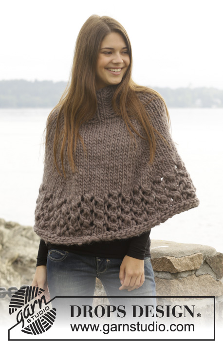 Silvia / DROPS 157-47 - Knitted DROPS poncho in stocking st with lace pattern, worked top down in ”Polaris”. Size: S - XXXL.