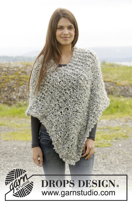 Sabine / DROPS 157-52 - Knitted DROPS poncho in garter st and stocking st in 2 strands ”Puddel” or in 4 strands Alpaca Boucle. Size: S - XXXL