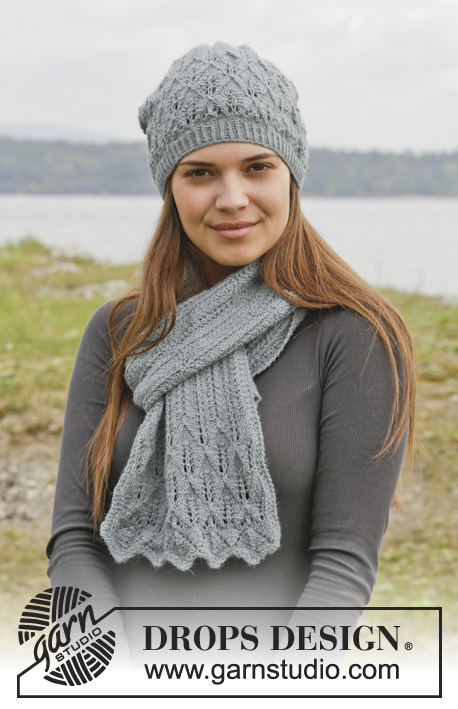 Lake District / DROPS 158-21 - Knitted DROPS hat and scarf with lace pattern in ”Alpaca”.