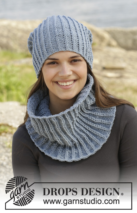 Alaska Love / DROPS 158-22 - Knitted DROPS hat and neck warmer in false English rib in ”Big Merino”.
