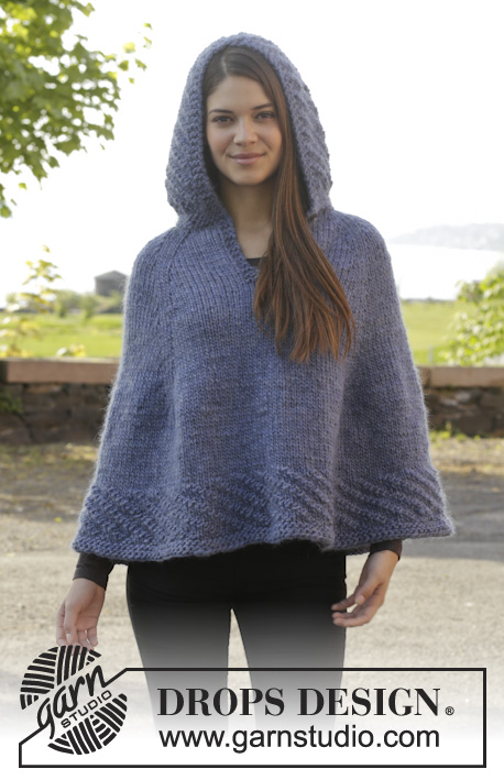 November / DROPS 158-32 - Knitted DROPS poncho with hood and vent, worked top down in ”Snow”. Size S-XXXL.