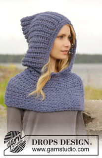 Maid Marian / DROPS 158-33 - Knitted DROPS neck warmer with hood with false English rib in 2 strands ”Brushed Alpaca Silk”. 
Size: S - XXXL.