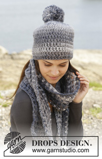 Camilla / DROPS 158-40 - Crochet DROPS hat and scarf with trebles and lace pattern in ”Snow”.