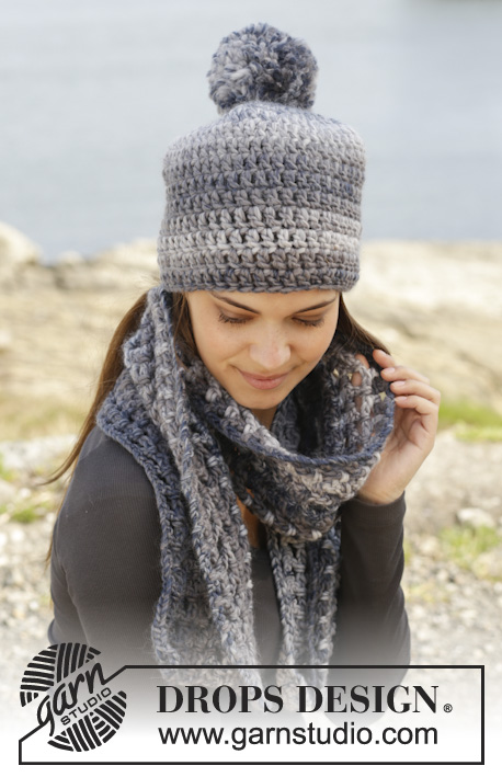 Camilla / DROPS 158-40 - Crochet DROPS hat and scarf with double crochet and lace pattern in ”Snow”.