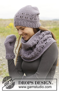 Tell Me / DROPS 158-41 - Crochet DROPS hat, neck warmer and mitten with lace pattern in “Nepal”.
