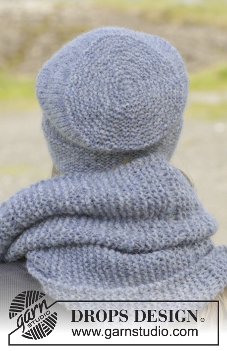Serene Skies / DROPS 158-43 - Knitted DROPS hat and scarf in garter st with dropped sts in 1 thread ”Air” or “Brushed Alpaca Silk” or in 2 threads in Alpaca.