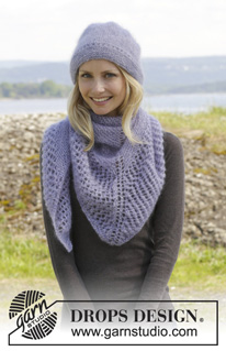Lavender Kiss / DROPS 158-5 - Knitted DROPS hat and shawl with lace pattern in 2 strands ”Kid-Silk”.