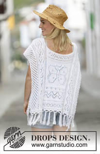 Riviera Maya / DROPS 159-1 - Knitted DROPS poncho with lace pattern and fringes in ”Cotton Light” or Belle. Size: S - XXXL.