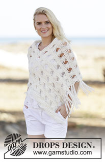 Late in August / DROPS 159-17 - Knitted DROPS poncho in garter st with Indian cross stitches in 1 thread Cloud or 2 threads Air. Size: S - XXXL.