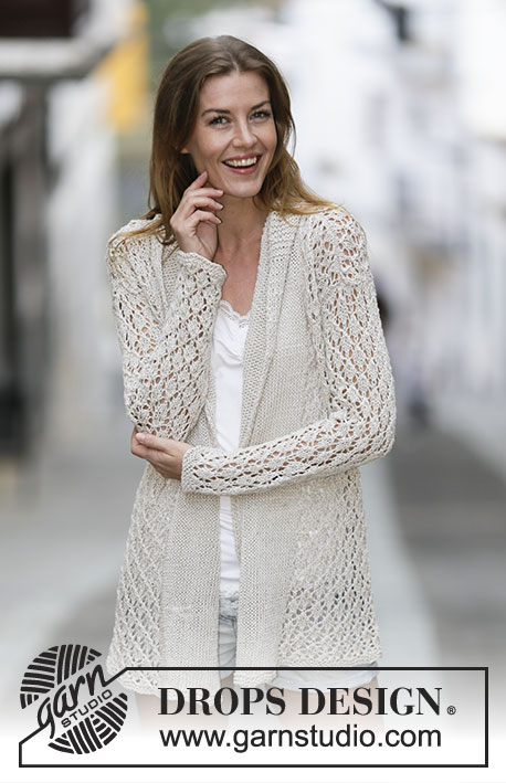 Lace Affair / DROPS 159-2 - Knitted DROPS jacket with lace pattern and shawl collar in Bomull-Lin or Paris. Size: S - XXXL.