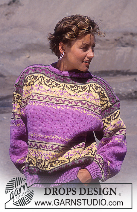 DROPS 16-6 - Sweter na drutach, z żakardem w kwiaty i w paski, z włóczki DROPS Karisma. Od S do L.