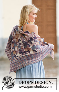 Piece by Piece / DROPS 160-14 - Knitted DROPS shawl with Domino squares in ”Fabel”.