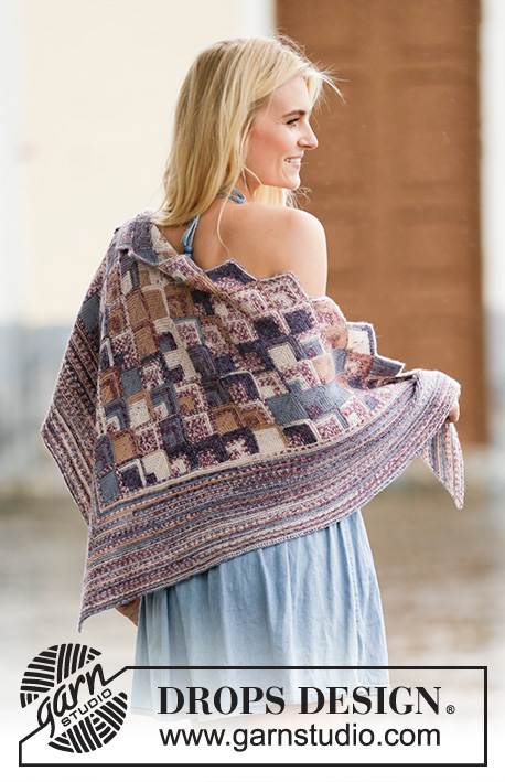 Piece by Piece / DROPS 160-14 - Knitted DROPS shawl with Domino squares in ”Fabel”.