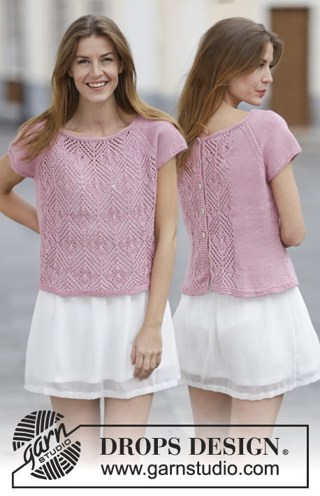 Summer Chic / DROPS 160-16 - Stickad DROPS tröja i ”Muskat” eller Belle med hålmönster, raglan och knappar bak. Kan vändas och användas som kofta. Stl S - XXXL