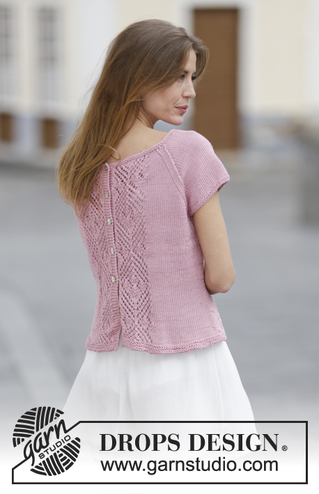 Summer Chic / DROPS 160-16 - Strikket DROPS genser i ”Muskat” eller Belle med hullmønster, raglan og knapper bak. Kan vendes og brukes som jakke. Str S - XXXL