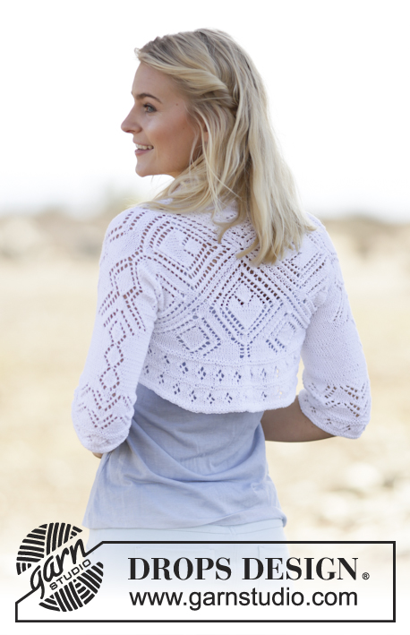 Kamelia / DROPS 160-25 - DROPS square knitted bolero with lace pattern in ”Safran”. Size: S - XXXL.