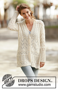 Maja / DROPS 160-3 - Knitted DROPS jacket with lace pattern in ”Air”. Size: S - XXXL.