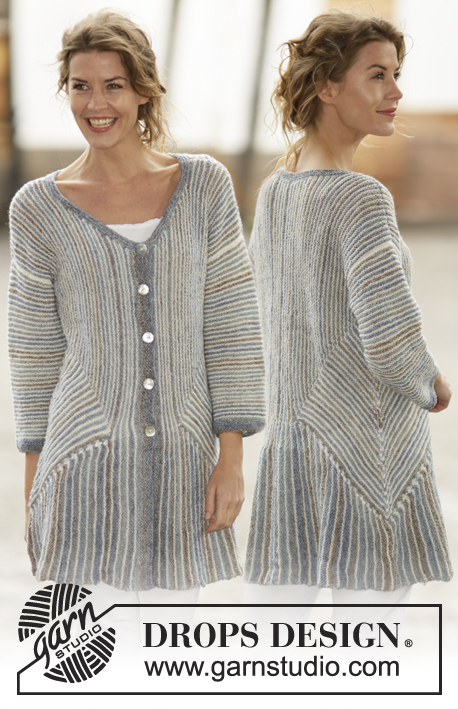 Lady Grey / DROPS 161-25 - Knitted DROPS jacket in ”Fabel” with stripes, garter stitch and domino squares. Sizes S - XXXL.