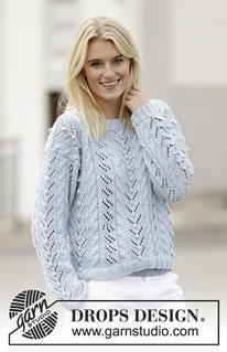 Sea Light / DROPS 161-3 - Knitted DROPS jumper with cables, lace pattern and rib in ”Cotton Light” or Belle. Size S-XXXL.