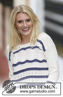 Nautical Waves / DROPS 161-31 - Knitted DROPS jumper with lace pattern and stripes in ”Cotton Light”. Size: S - XXXL.